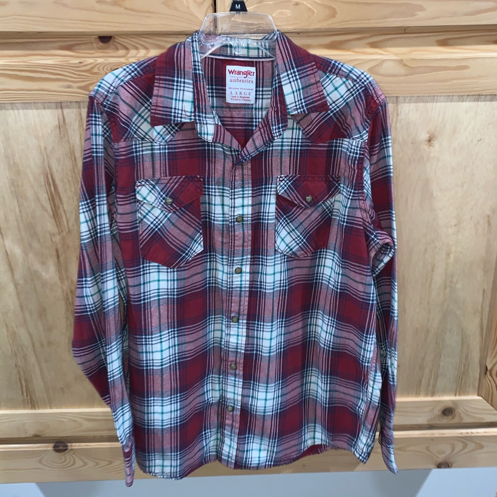Wrangler Authentics Red Plaid Flannel Western Snap Button Front Shirt Size L